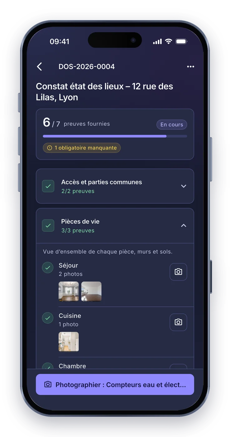 Application mobile : les étapes d’un état des lieux, avec les photos déjà prises pour chaque pièce