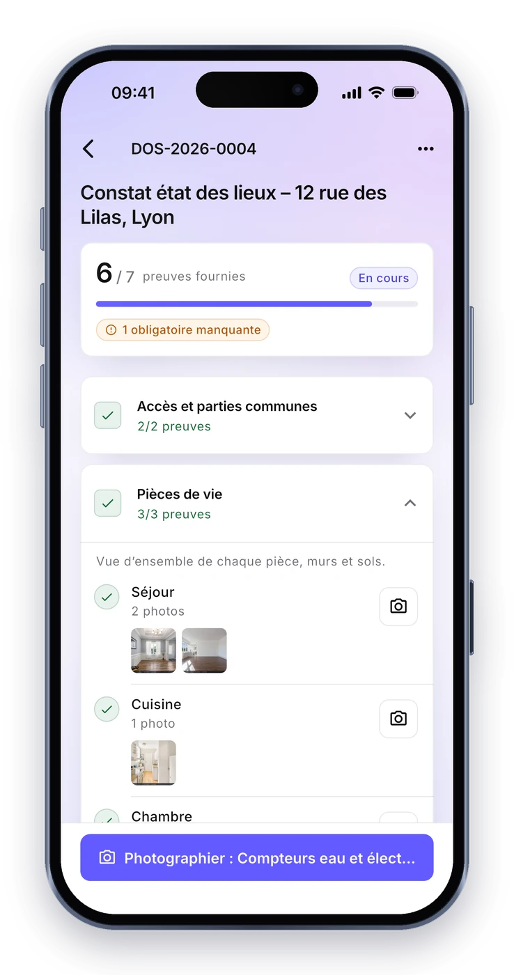 Application mobile : les étapes d’un état des lieux, avec les photos déjà prises pour chaque pièce