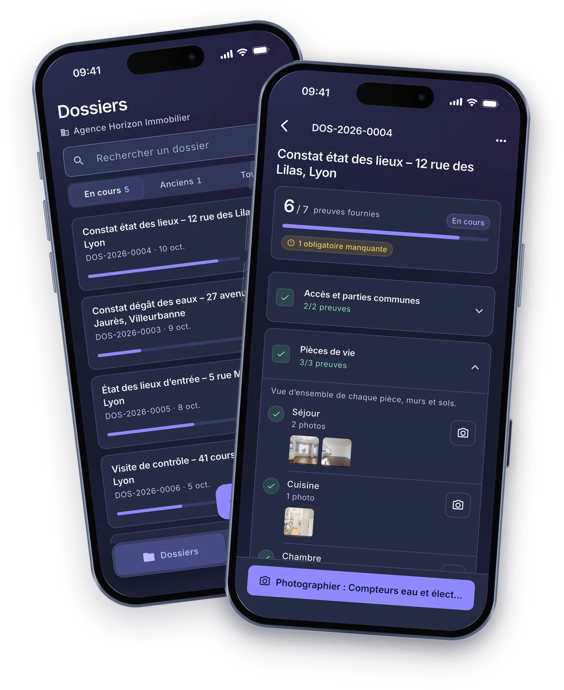 L’application mobile Givre sur deux téléphones : la liste des dossiers et un état des lieux en cours