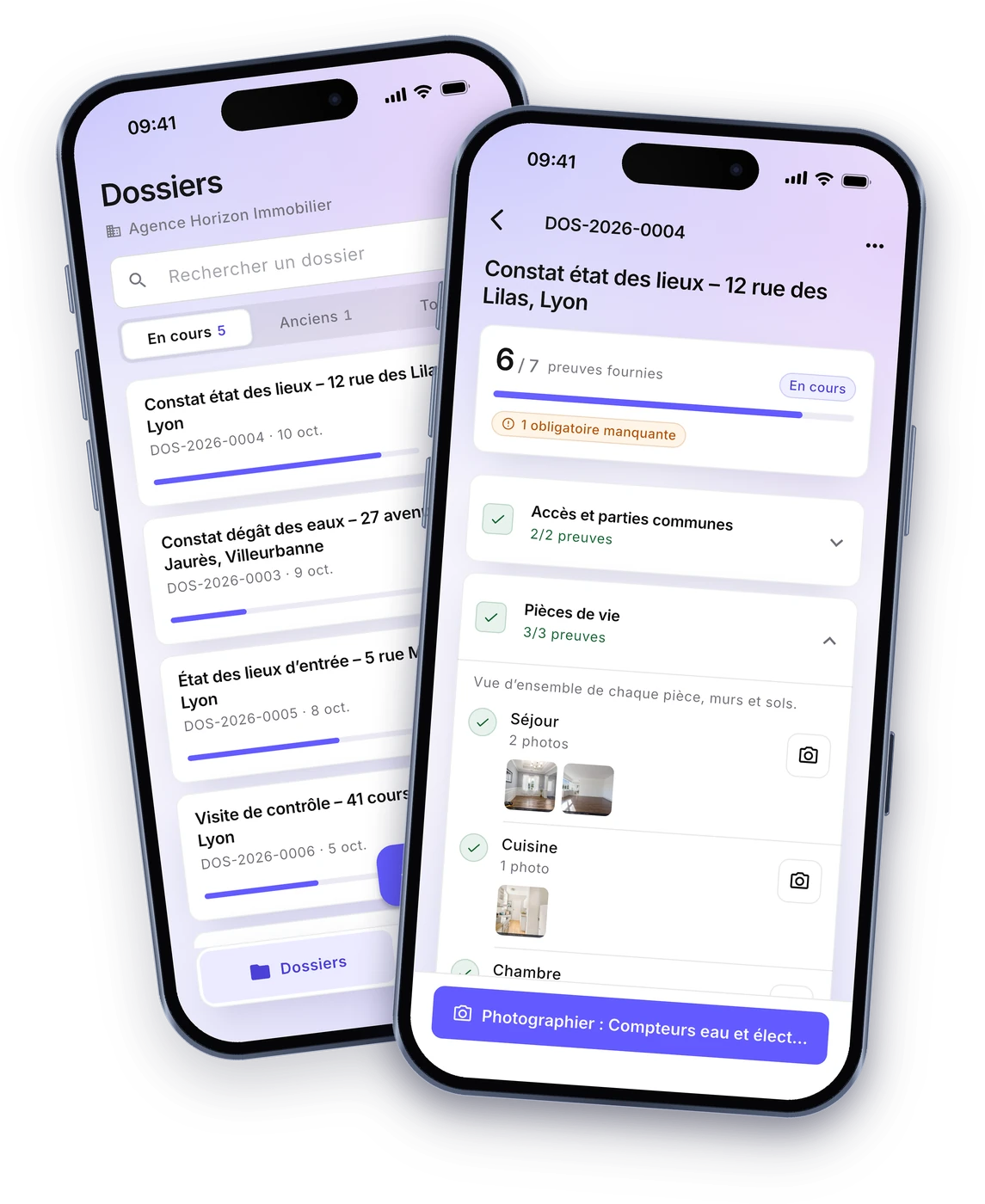L’application mobile Givre sur deux téléphones : la liste des dossiers et un état des lieux en cours
